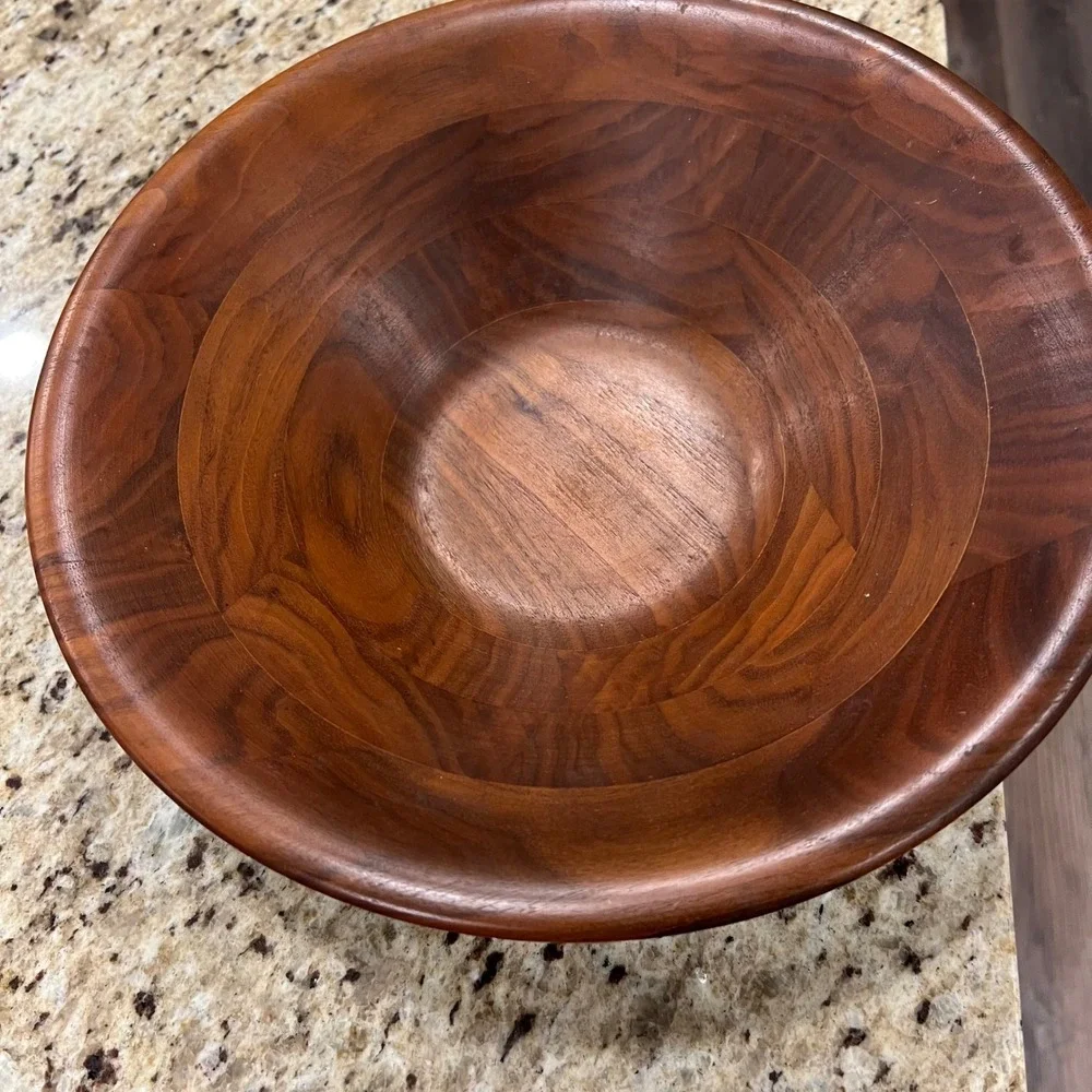 Large Wooden Salad Serving Bowl Segmented Wood 12 Inch Round Centerpiece Brown